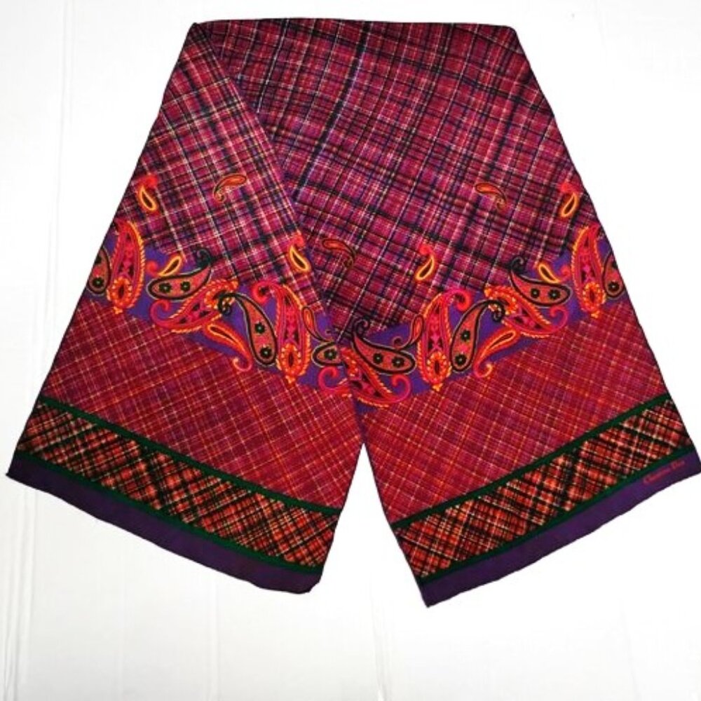 ❤️CHRISTIAN DIOR Plaid and Paisley Forward Hem XL Silk Shawl Scarf 58.5x14.5